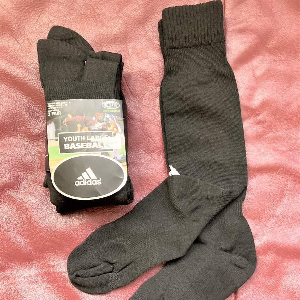NWT 2 PR Sock Athletic Baseball Adidas,Youth L Knee High Black Women Equiv 9-11